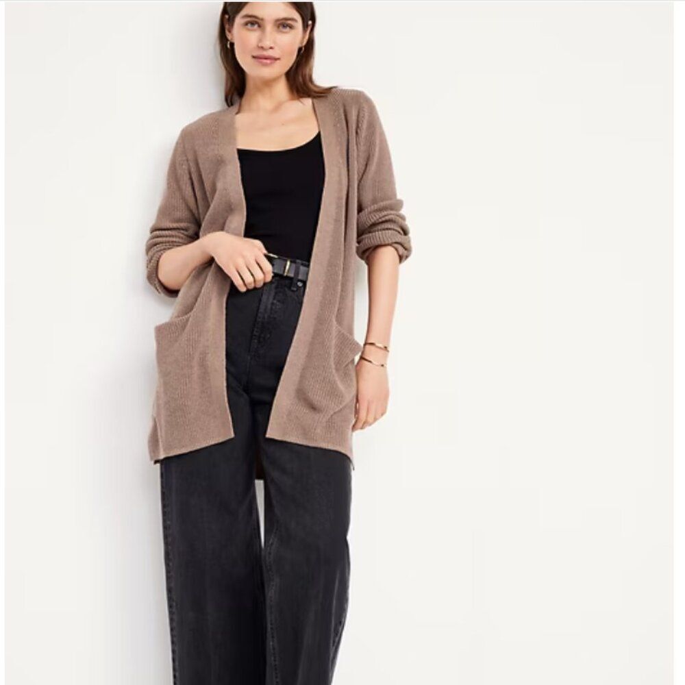 Open Front Longline Ribbed Cozy Cotton Blend Cardigan Sweater Large - Picture 2 of 13